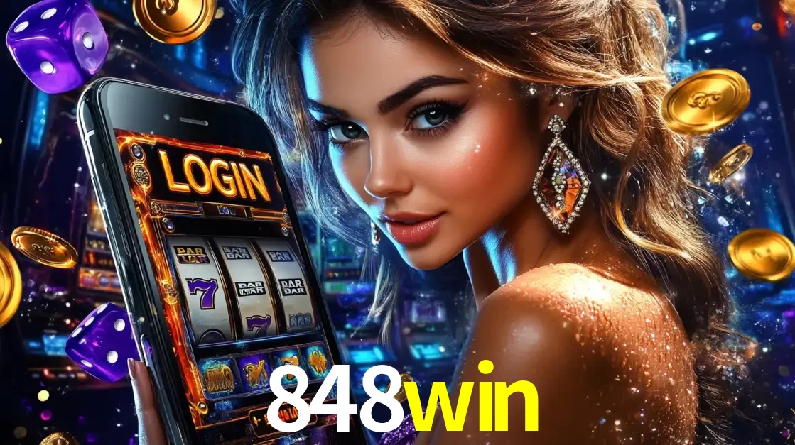Mulher glamorosa segurando um smartphone com a tela de login para os jogos de caça-níqueis do cassino online 848win, com moedas de ouro e dados ao redor.
