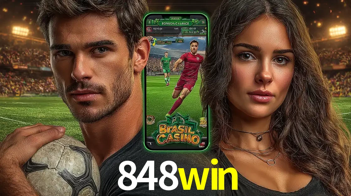 Homem segurando uma bola de futebol e uma mulher ao lado de um smartphone exibindo o jogo de apostas esportivas da 848win. Faça seu palpite no cassino online.
